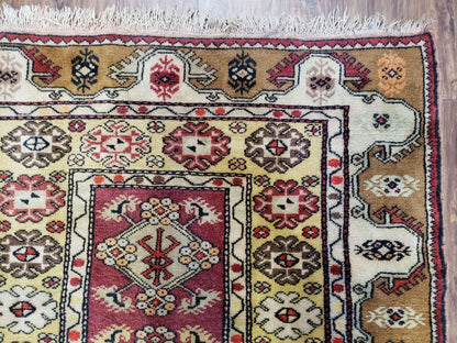 Turkish Caucasian Rug 4x7 Hand Knotted Wool Vintage Area Rug Cream Burnt Orange Carmine Red