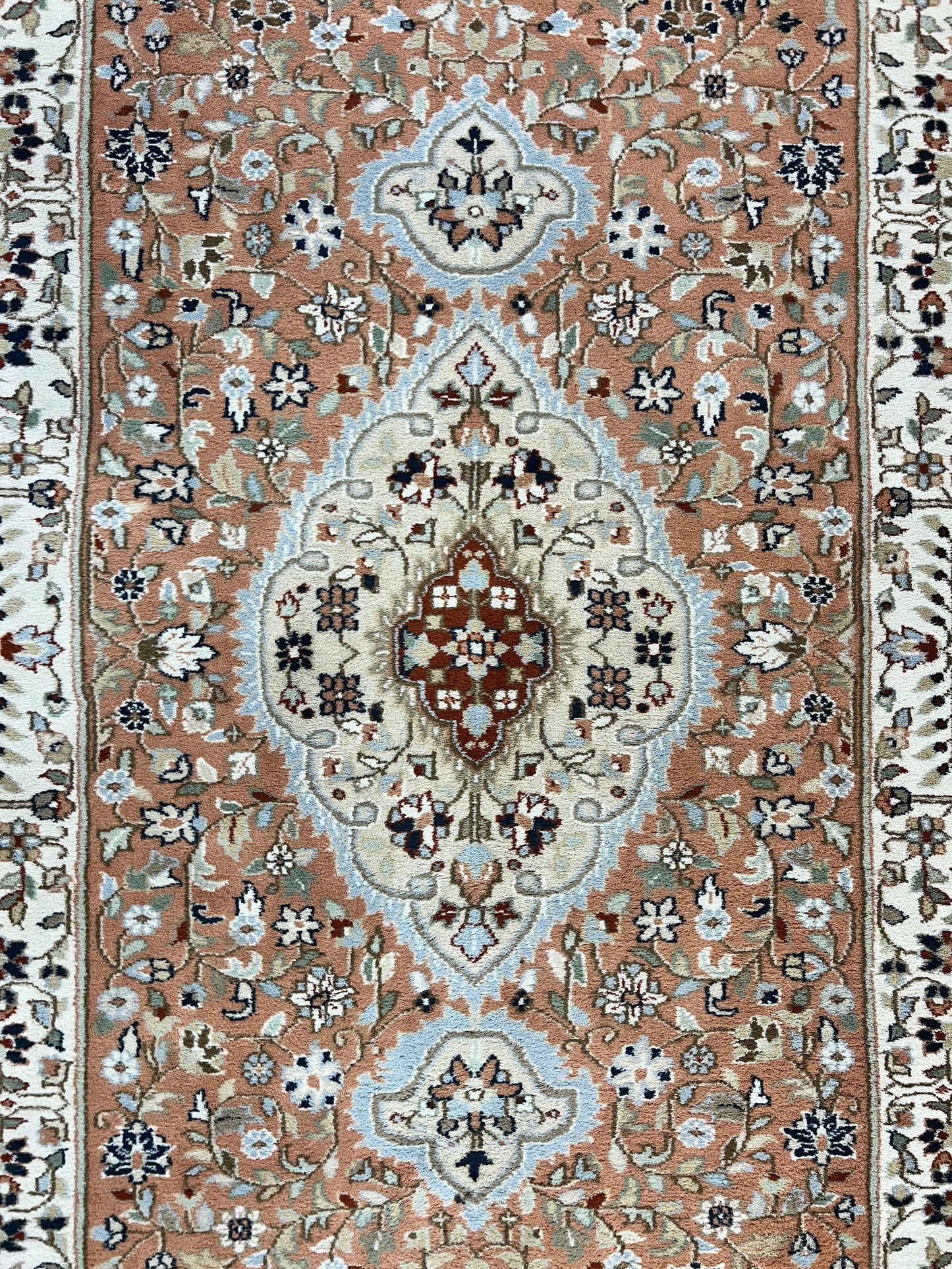Indo Persian Rug 6x9, Wool Hand Knotted Vintage Carpet, Salmon & Ivory, Traditional Oriental Rug 6 x 9