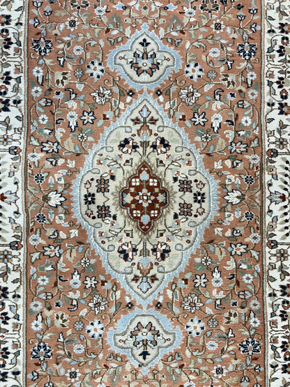 Indo Persian Rug 6x9, Wool Hand Knotted Vintage Carpet, Salmon & Ivory, Traditional Oriental Rug 6 x 9