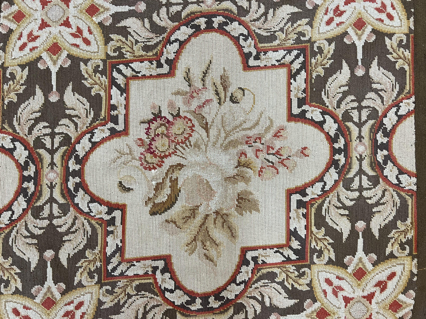 Needlepoint Runner Rug 9.8 Ft Handwoven Wool Floral Brown Beige European Design