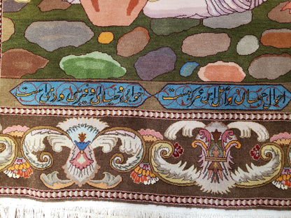 Semi Antique Persian Isfahan Pictoral Rug 4.10x6.1, Wool Handmade High Quality Decorative Carpet