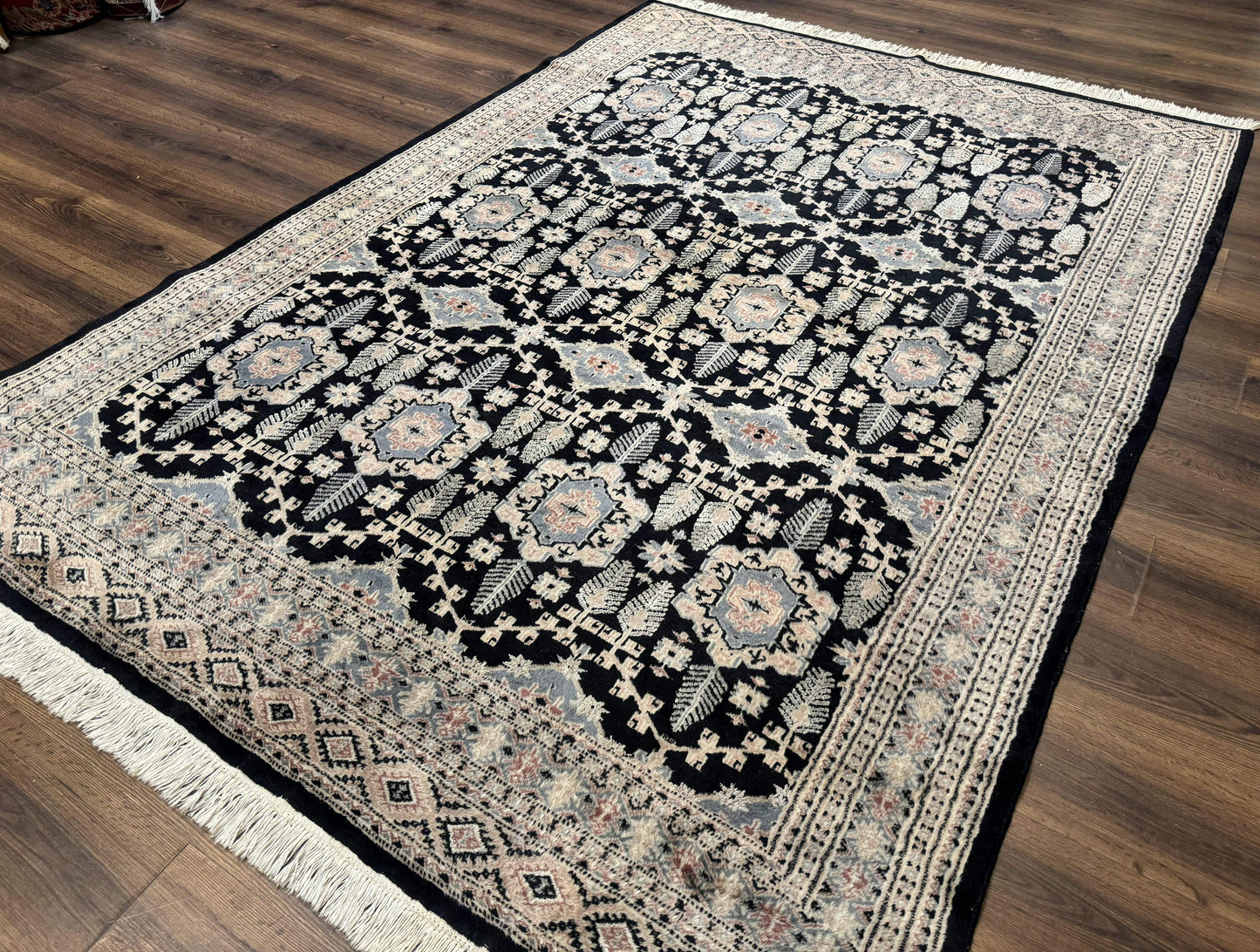 Turkoman Bokhara Rug 6x9 Hand Knotted Wool Carpet Black Handmade Authentic Pakistani