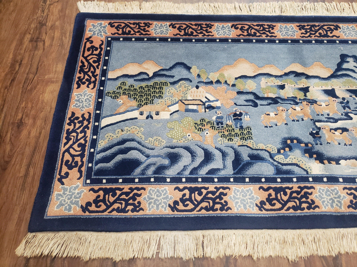 Chinese Pictorial Rug Hand Knotted Wool Vintage 28x55 Inches Teal And Blue Carpet Wall Tapestry