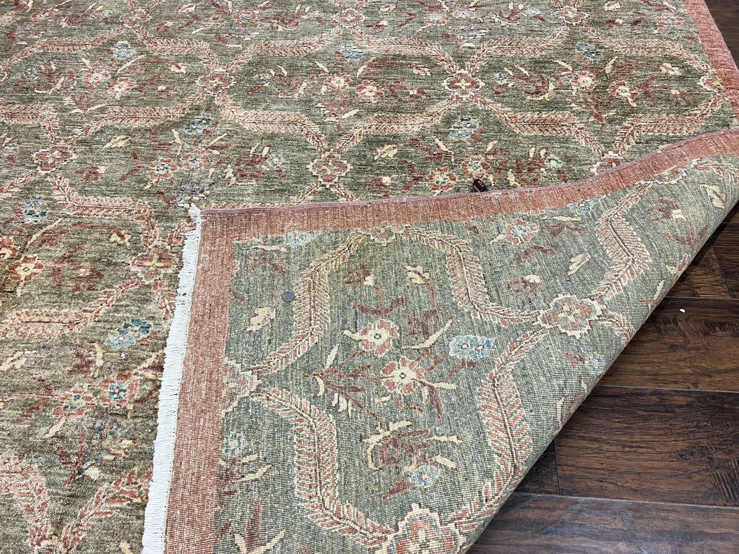 Large Modern Pakistani Rug 9x12, Handmade Wool Carpet, Peshawar Rug, Hand Knotted Oriental Rug, Contemporary, Floral, Light Green