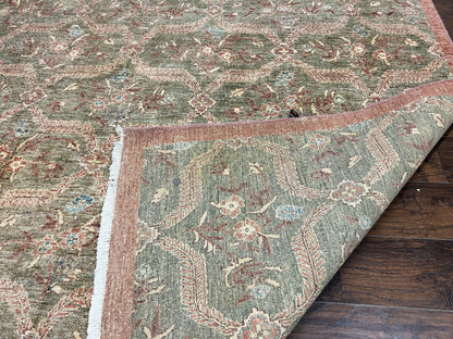 Large Modern Pakistani Rug 9x12, Handmade Wool Carpet, Peshawar Rug, Hand Knotted Oriental Rug, Contemporary, Floral, Light Green