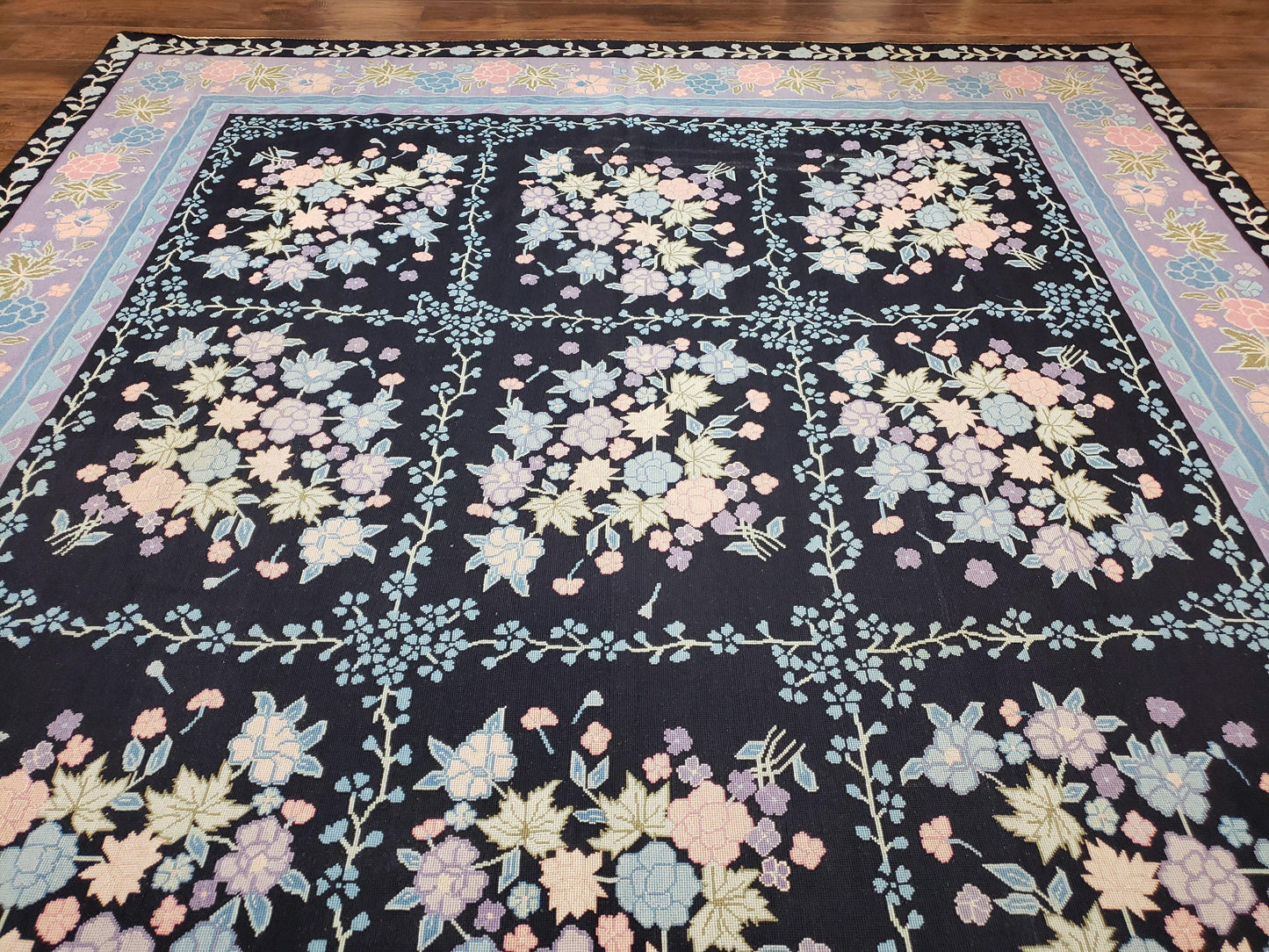 Chinese Needlepoint Rug Hand Woven Wool Vintage Floral Garden European Aubusson Design