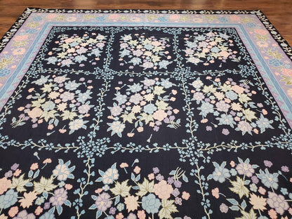 Chinese Needlepoint Rug Hand Woven Wool Vintage Floral Garden European Aubusson Design