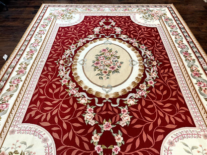 Aubusson Rug Handmade Vintage Needlepoint Carpet 9x12 Red Ivory Wool Elegant European Design
