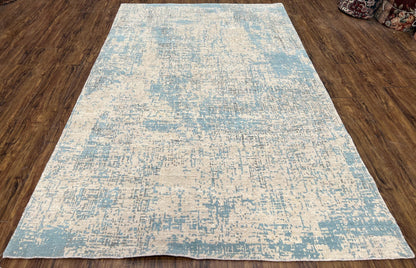 Modern Tibetan Rug 5x8 Ft Light Blue and Gray Wool Handmade Nepal Rug with Raised Pattern