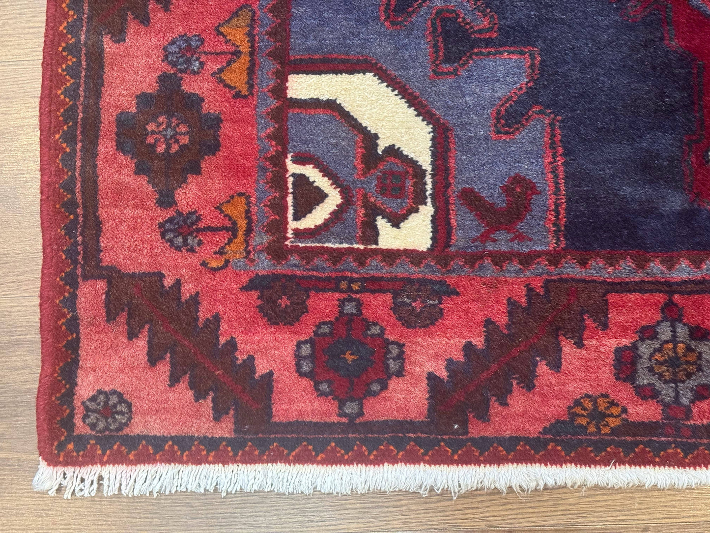 Persian Karajeh Runner Rug 3.6 x 9.5, Geometric Medallions, Tribal Village Rug, Navy Blue, Handmade