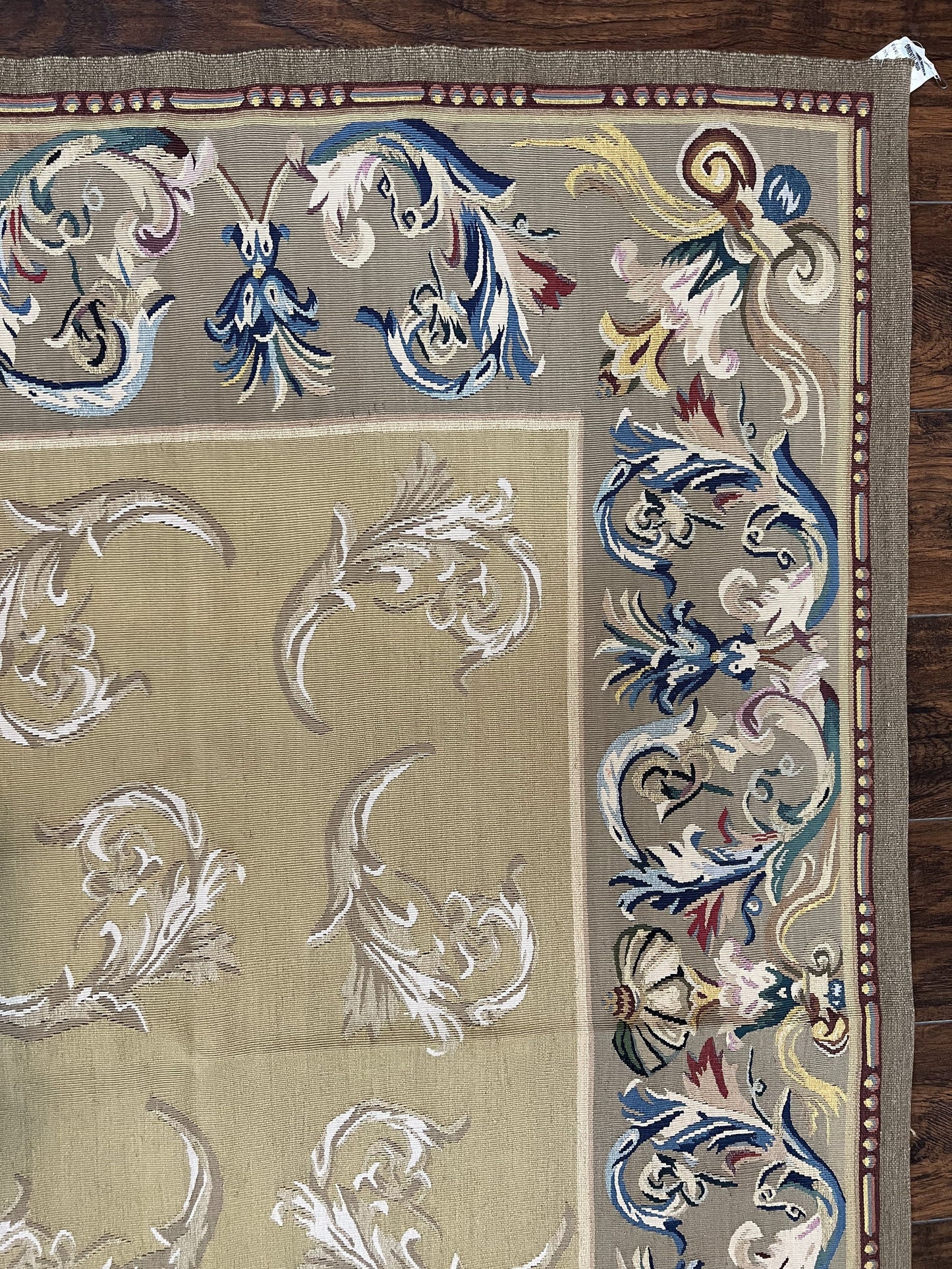 Vintage Aubusson Flatweave Area Rug 9x12, Aubusson Weave, Wool, Beige, Handmade, French European Design, 8'9" x 11'9"