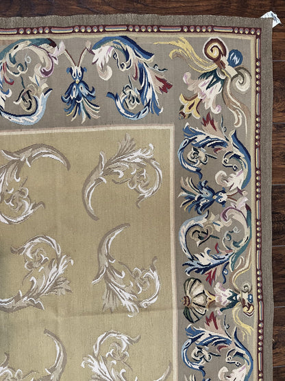 Vintage Aubusson Flatweave Area Rug 9x12, Aubusson Weave, Wool, Beige, Handmade, French European Design, 8'9" x 11'9"