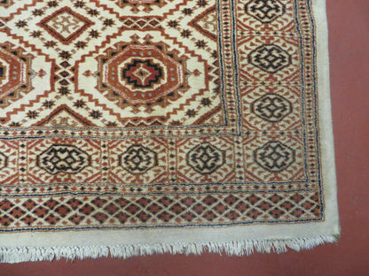 Vintage Turkoman Bokhara Wool Rug 4x7 Handmade Pakistani Ivory