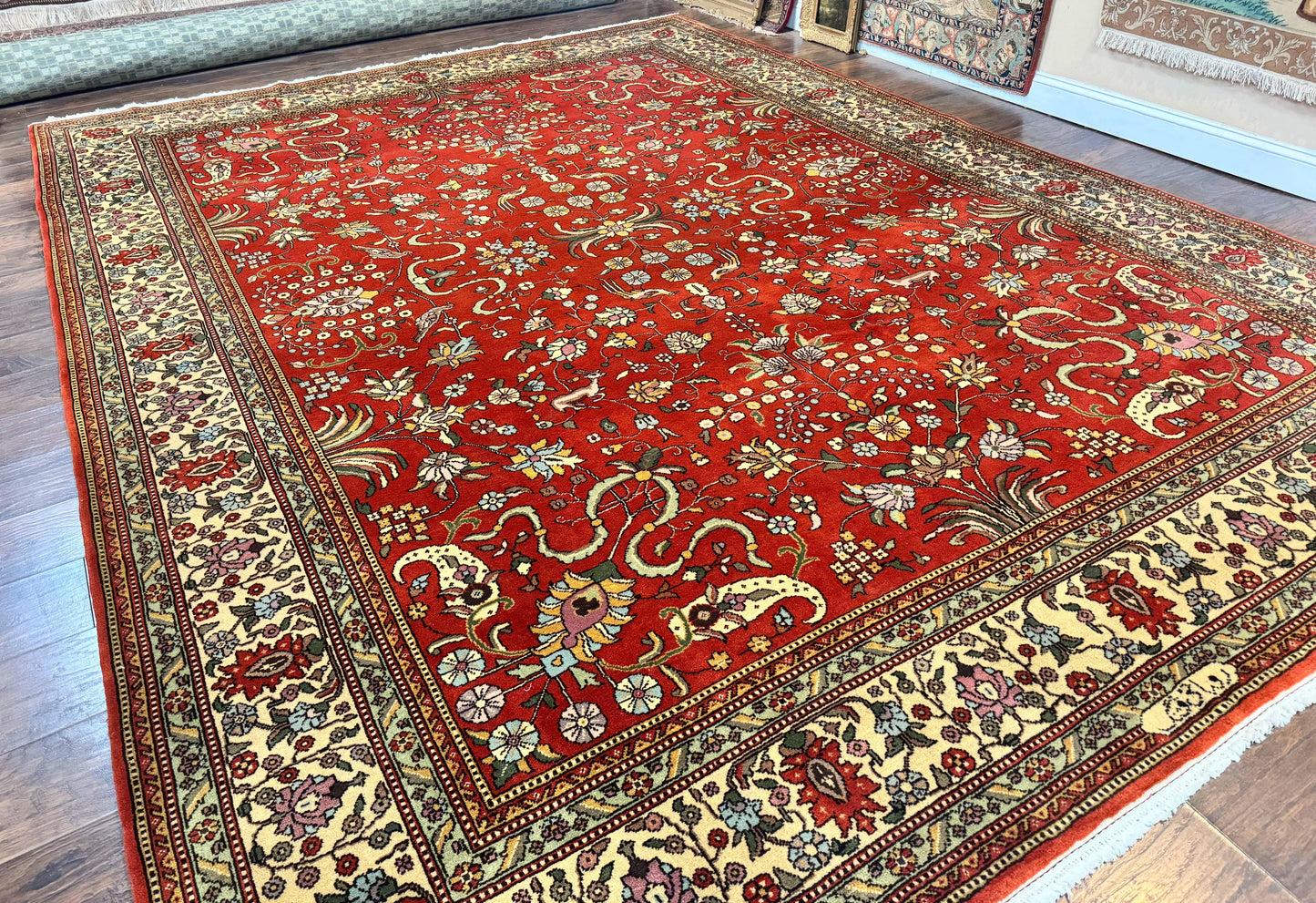 Romanian Rug 10x13, Vintage Handmade Wool Carpet, Floral Pattern, Birds, Red and Cream, Signed By Masterweaver, Persian Rug