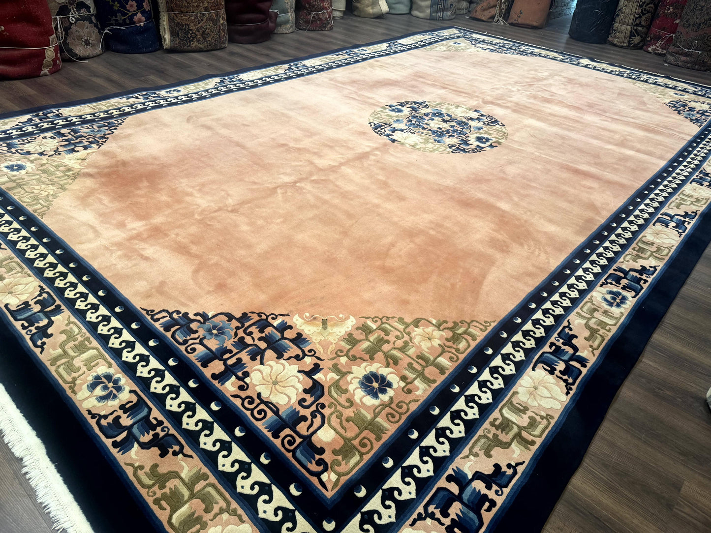 Chinese Wool Rug 11X18 Peking Style Open Field Peach and Blue Art Deco Handmade Carpet