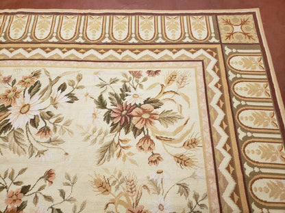 Needlepoint Rug 8x10 Aubusson Rug Victorian Floral Rug Handmade French Style French Decor Garden Panel Beige 8 x 10 Area Rug 100% Wool