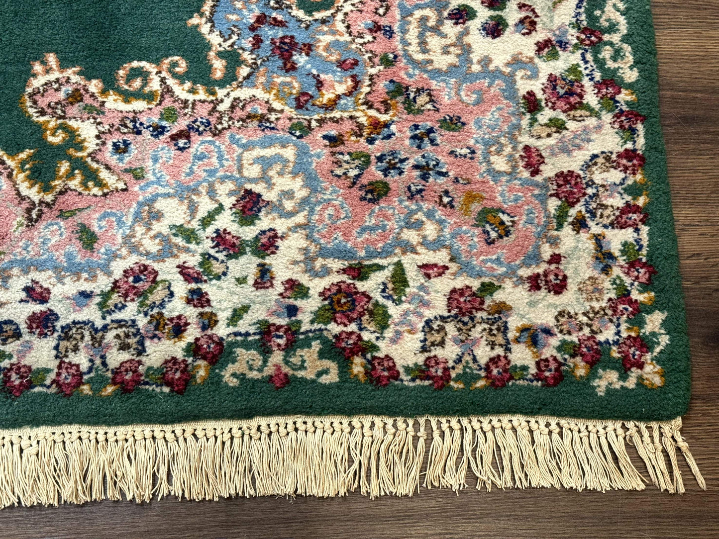 Persian Kerman Rug 4x6 Vintage Wool Green Ivory Pink Medallion Semi Open Field