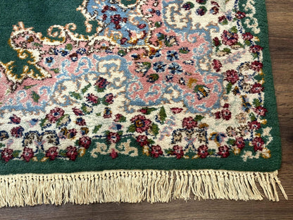 Persian Kerman Rug 4x6 Vintage Wool Green Ivory Pink Medallion Semi Open Field
