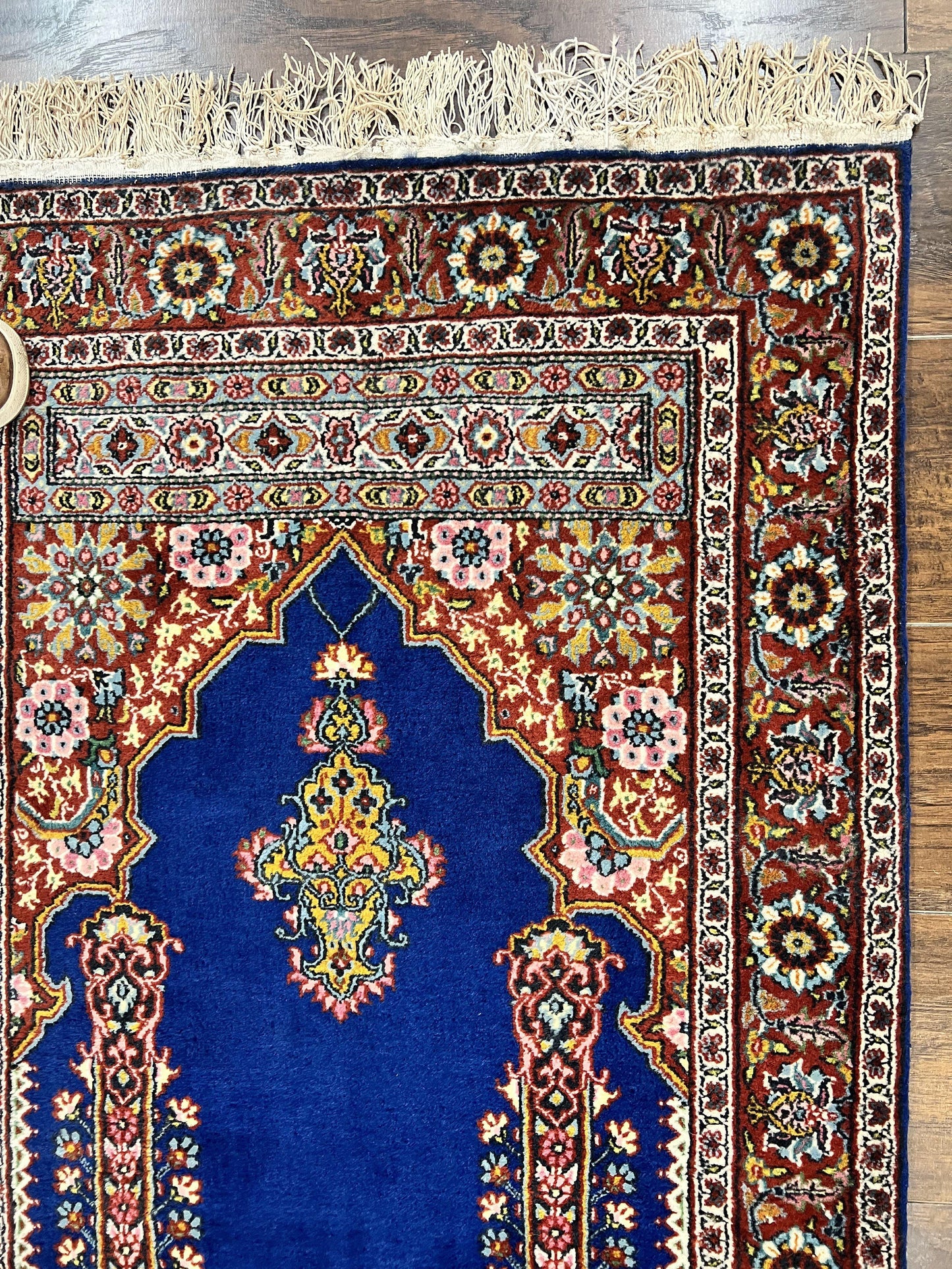 Indo Persian Prayer Rug 3x5 Vintage Hand Knotted Handmade Wool Dark Blue And Red Oriental Carpet