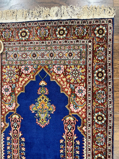 Indo Persian Prayer Rug 3x5 Vintage Hand Knotted Handmade Wool Dark Blue And Red Oriental Carpet