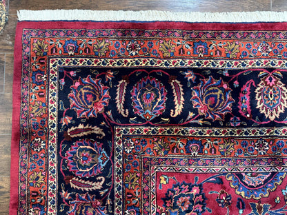 Palace Size Persian Mashad Rug 12x16, Raspberry and Navy Blue, Signature from Master Weaver, Antique Handmade Large Wool Carpet