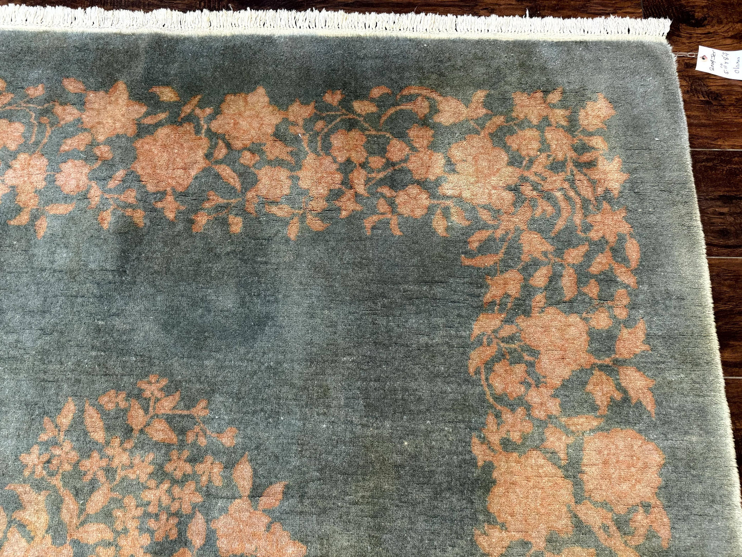 Teal Chinese Wool Rug 6x8, Vintage Handmade Carpet, Floral, Semi Open Field