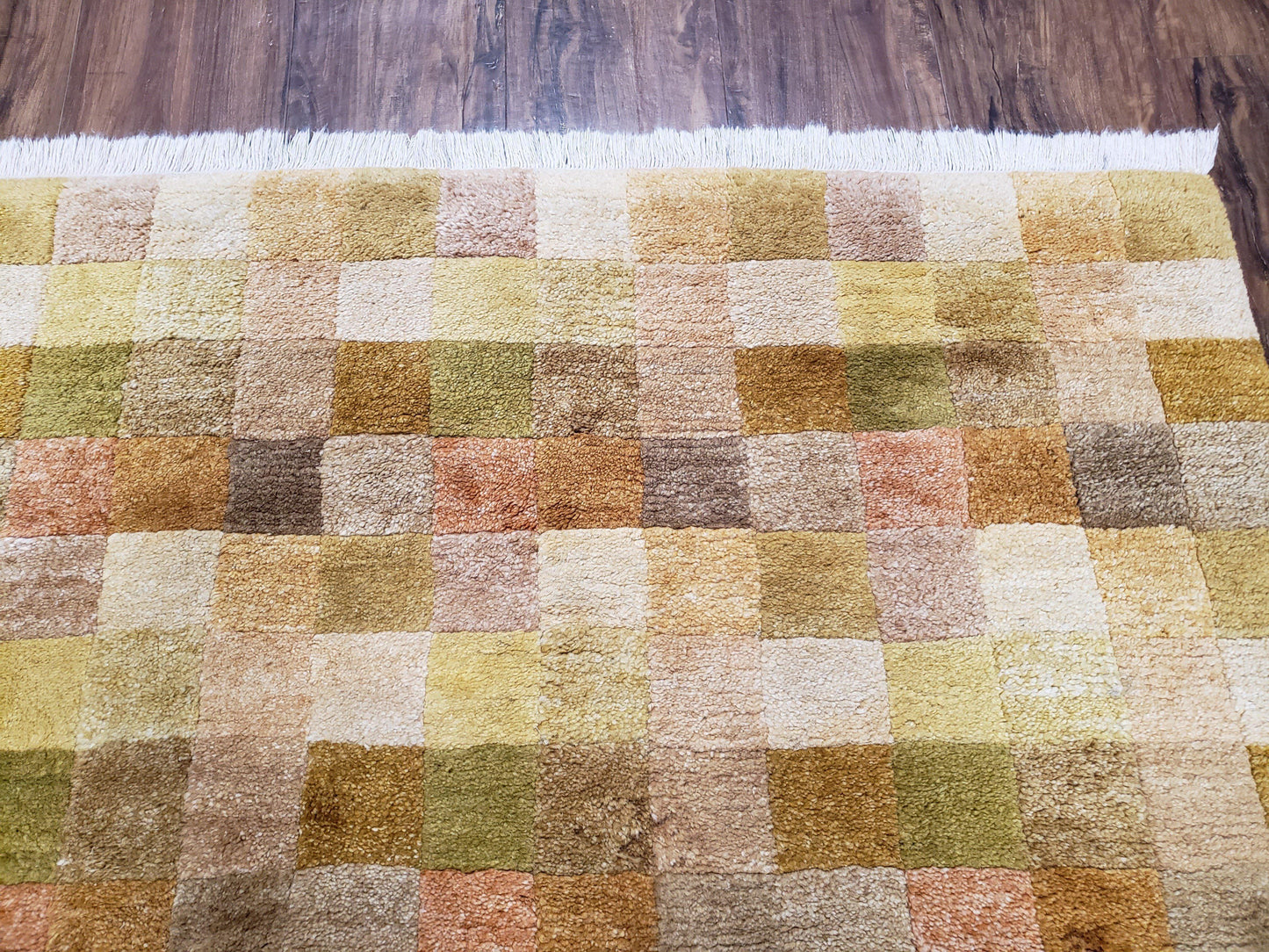 Tibetan Rug 4x6 Modern Abstract Handmade Area Rug With Checkerboard Pattern Ivory Gold Tan