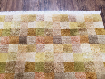 Tibetan Rug 4x6 Modern Abstract Handmade Area Rug With Checkerboard Pattern Ivory Gold Tan