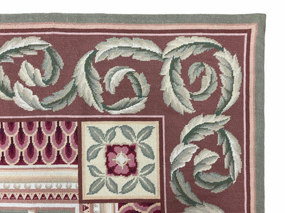 Aubusson Needlepoint Rug Traditional 9x12 Handmade Wool Floral Cream Green Maroon