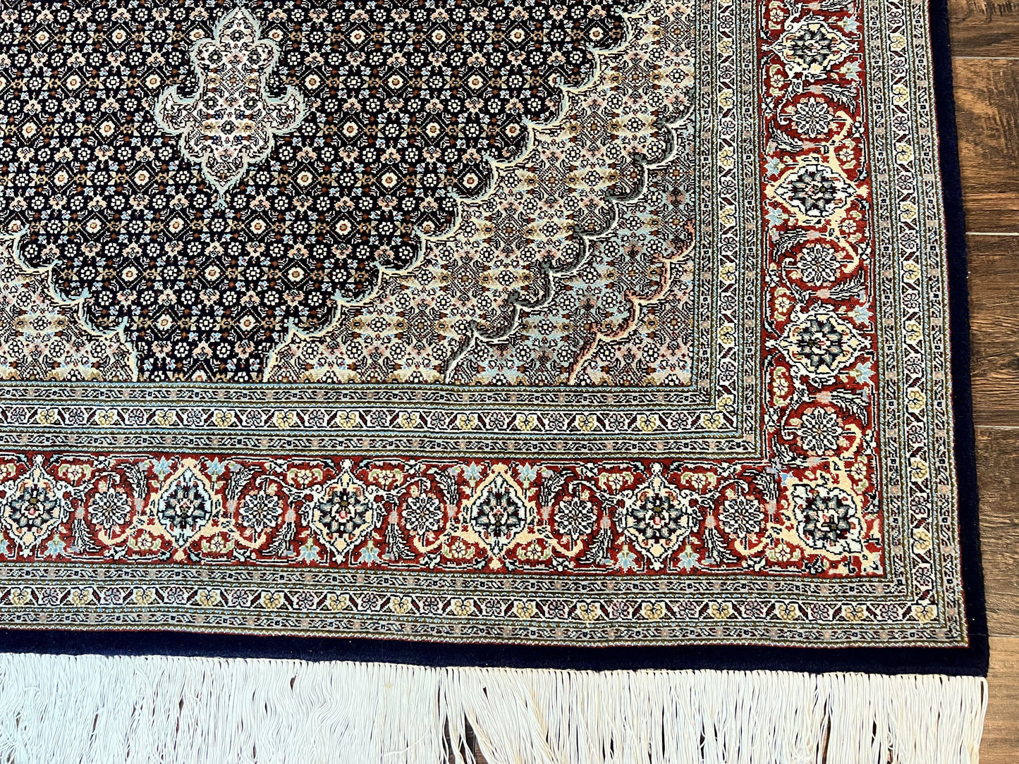 Persian Tabriz Rug 5x7, Wool with Silk Highlights, Hand Knotted Vintage Oriental Carpet, Very Fine, Herati Mahi Pattern, Black, Rare