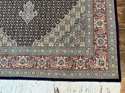 Persian Tabriz Rug 5x7, Wool with Silk Highlights, Hand Knotted Vintage Oriental Carpet, Very Fine, Herati Mahi Pattern, Black, Rare