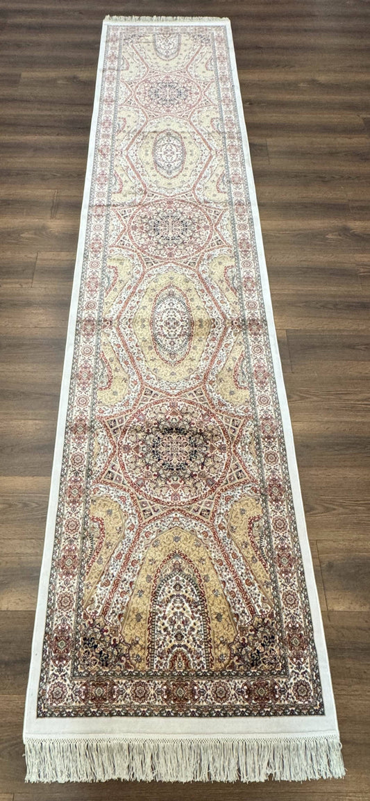 Turkish Silk Runner Rug 2.6 x 12, Hereke Mamluk Runner, Bamboo Silk, New
