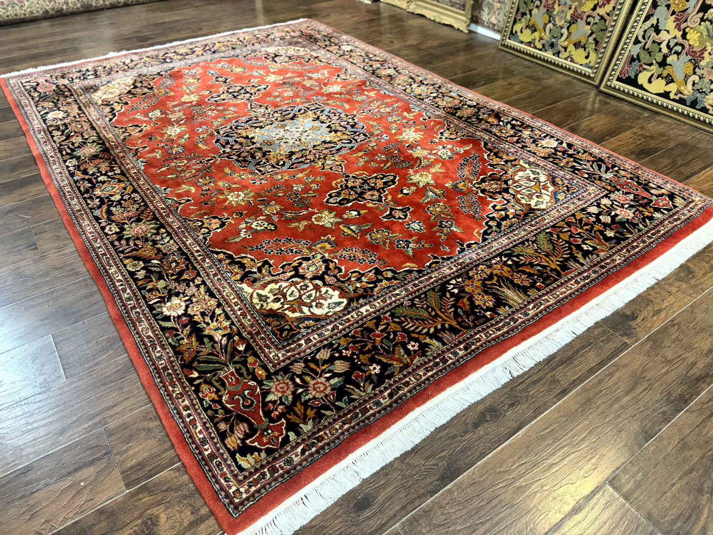 Indo Persian Rug 7x10 Vintage Handmade Wool Carpet Floral Medallion Red And Midnight Blue