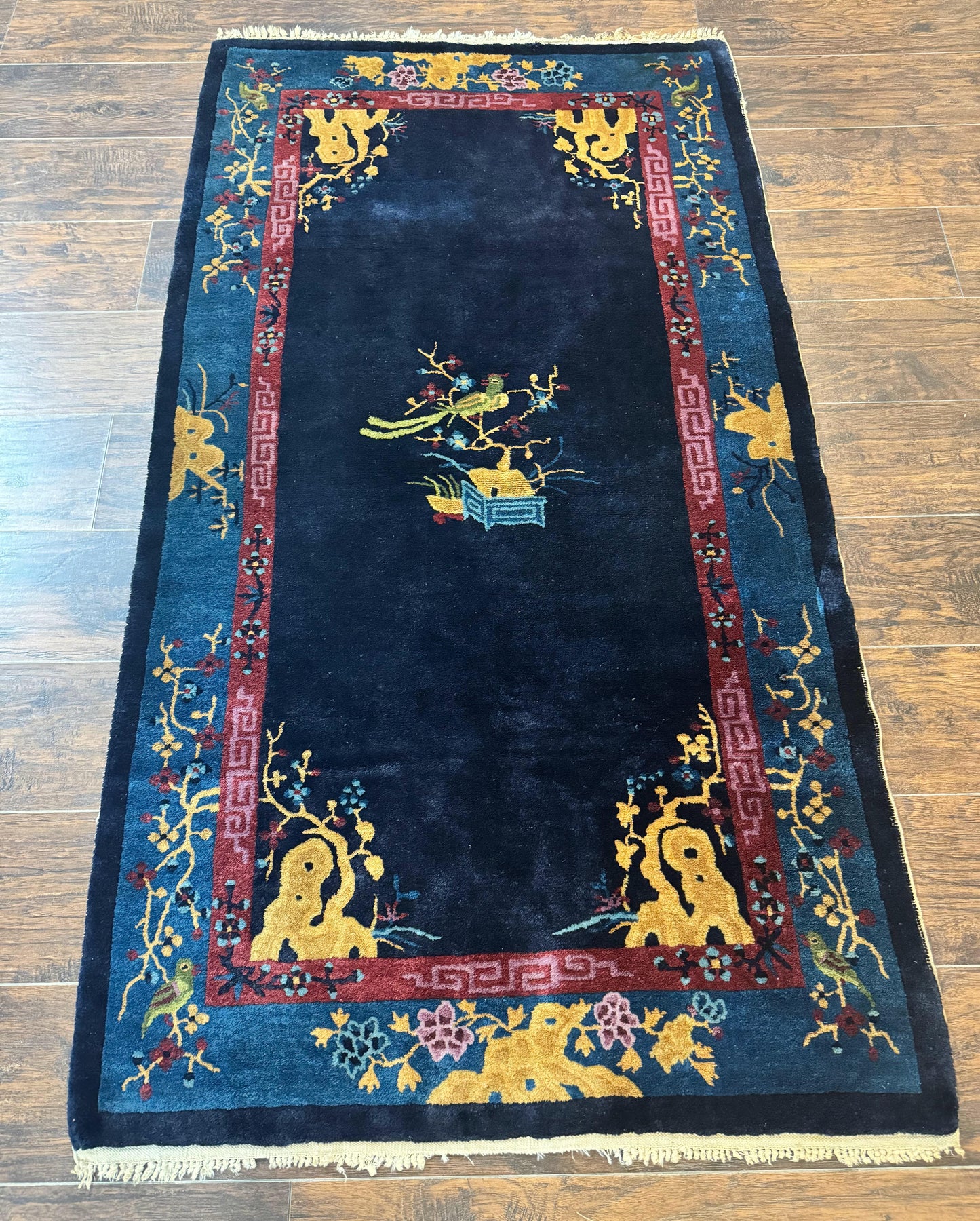 Antique Peking Rug 3x6 Handmade Wool Bird Motif Blue Chinese Legacy Carpet