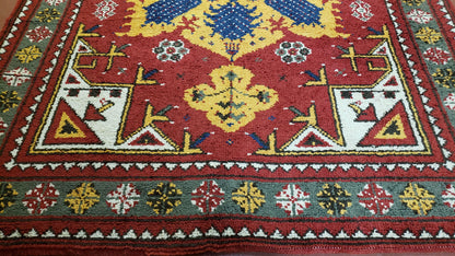 Moroccan Heriz Rug 6x9 Large Central Medallion Red Yellow Blue Colorful Wool Area Rug