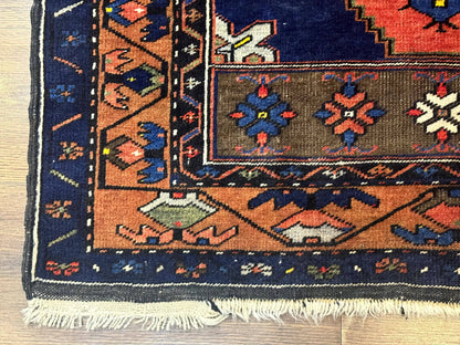 Persian Nahavand Rug 3x6 Geometric Medallion Village Tribal Design In Terracotta And Navy