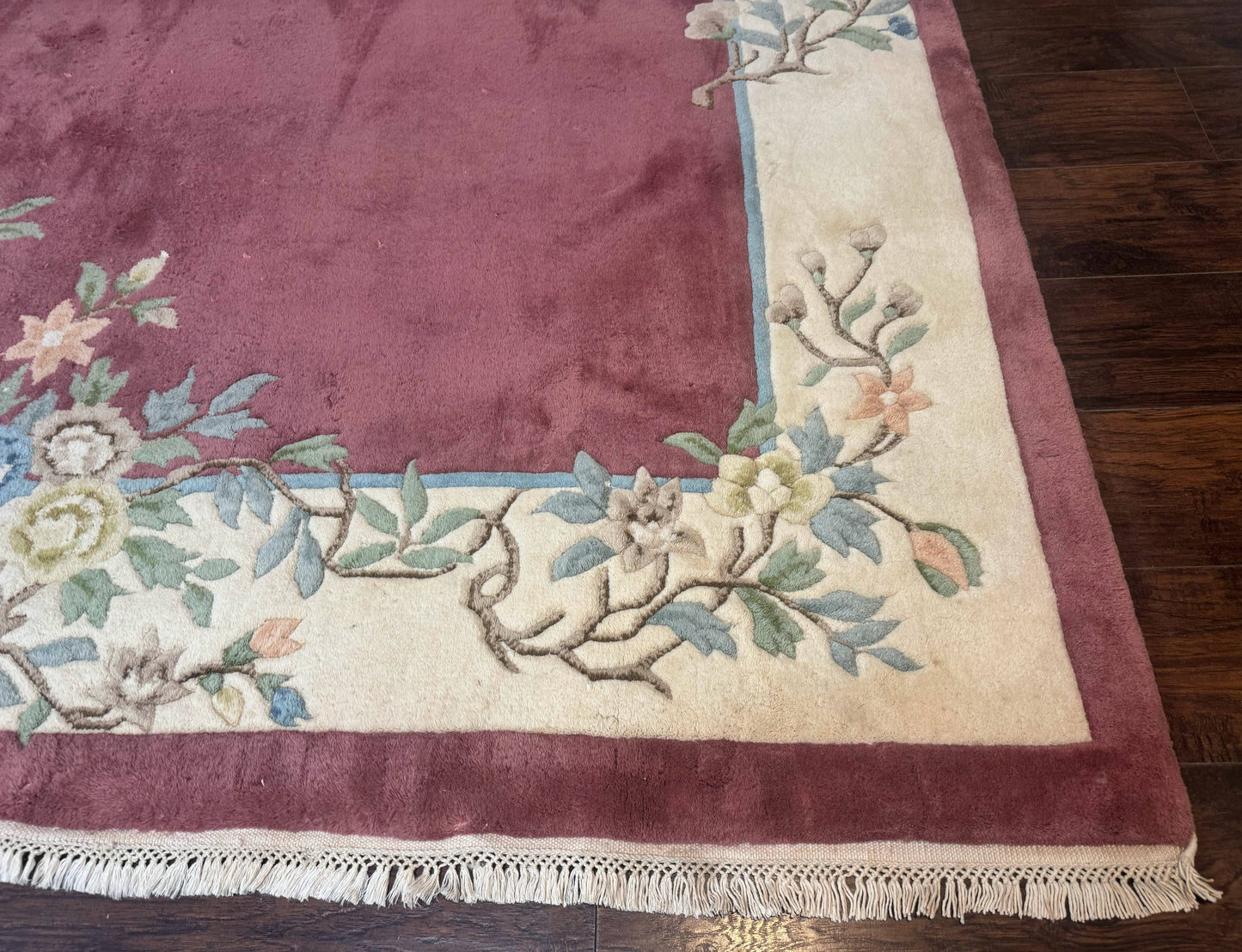 Indo Chinese Art Deco Rug 9x12, Pink and Ivory, Open Filed, Floral, Wool