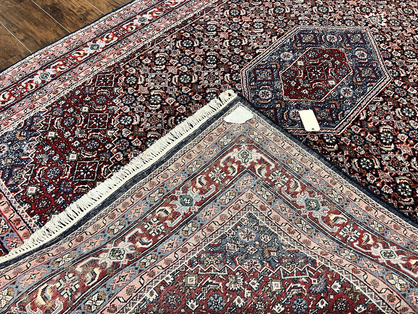 Indo Persian Rug 7x10, Dark Blue and Red Hand Knotted Wool Vintage Oriental Carpet 7 x 10 ft, Handmade Bidjar Rug, Herati Pattern Indian Rug