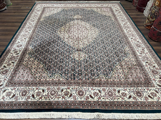 Sino Persian Rug 9x12, Dark Green and Ivory, Medallion, Mahi Herati, Elegant Oriental Carpet, Wool Hand Knotted Traditional Room Sized Rug