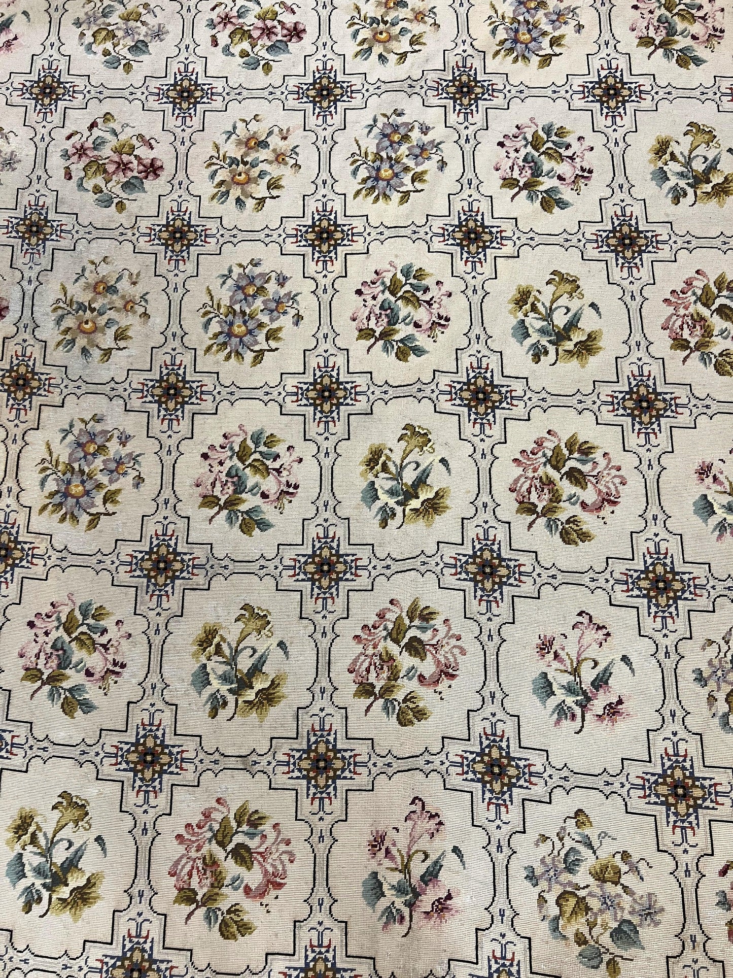 Needlepoint Rug 10x14, Wool Handmade Vintage Needlepoint Carpet, Floral Panel Design, Ivory/Cream