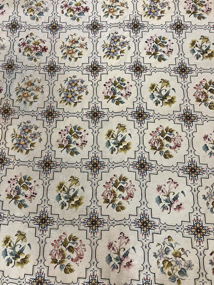 Needlepoint Rug 10x14, Wool Handmade Vintage Needlepoint Carpet, Floral Panel Design, Ivory/Cream