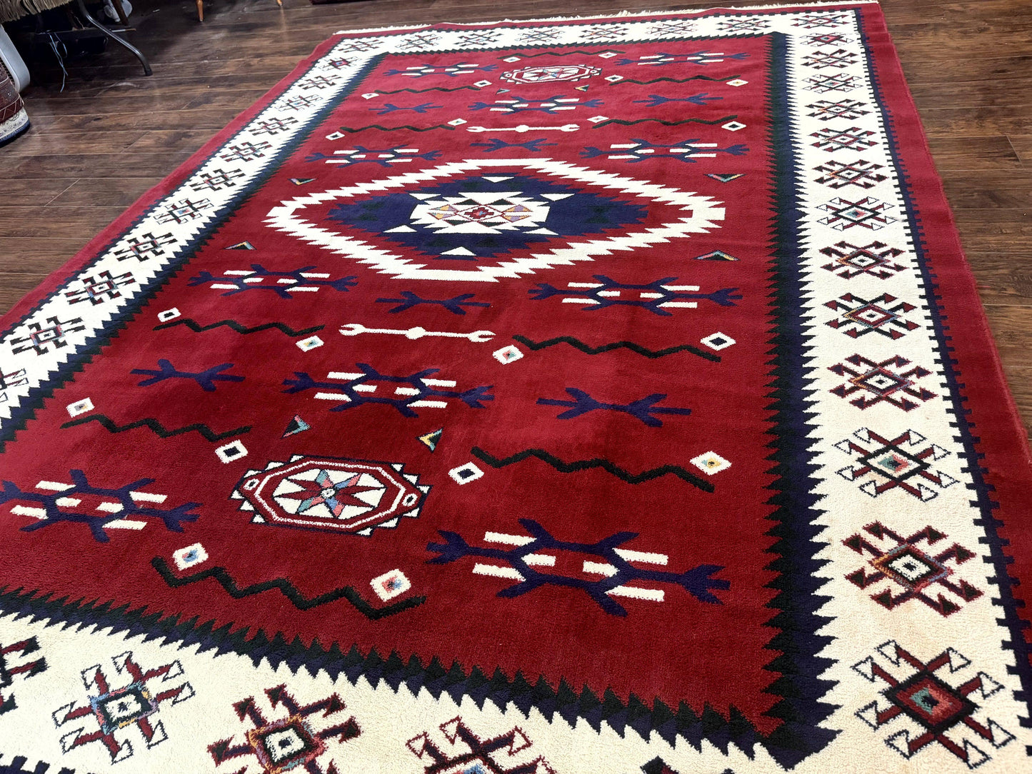 Power Loomed Navajo Area Rug 8x11 Dark Red Ivory Bohemian Tribal Design