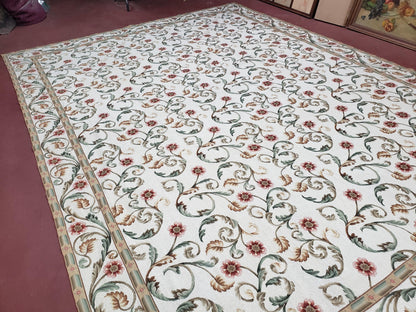 Needlepoint Rug 9x12, European Aubusson Design, Floral Allover Garden Pattern, New Needlepoint Area Rug, Ivory Rug, Hand Woven, Flatweave