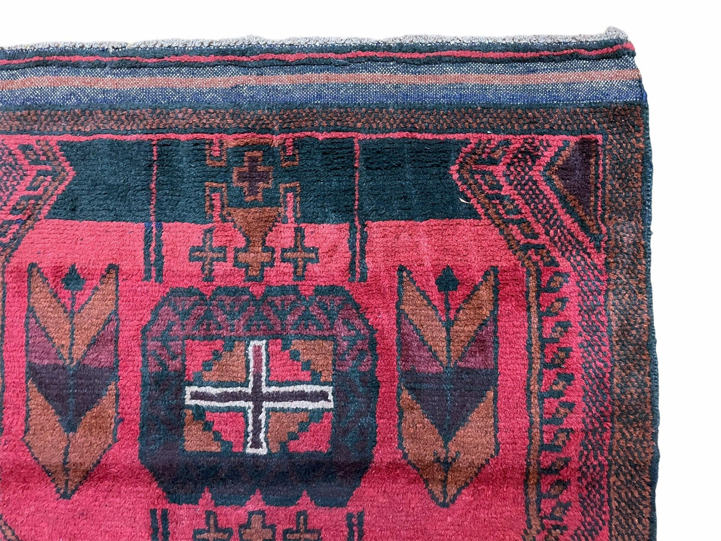 Balouchi Rug Vintage Hand Knotted Afghan Wool Tribal Area Rug Red Black