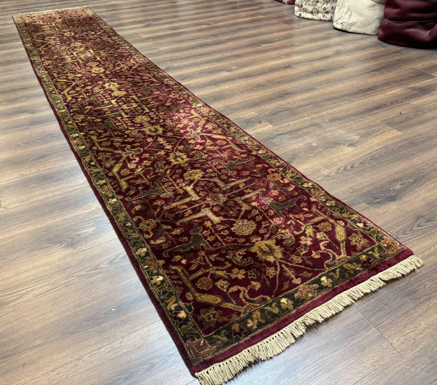 Indo Persian Runner Rug 2.7 x 13.8, Maroon, Wool, Handmade Indian Rug for Hallway