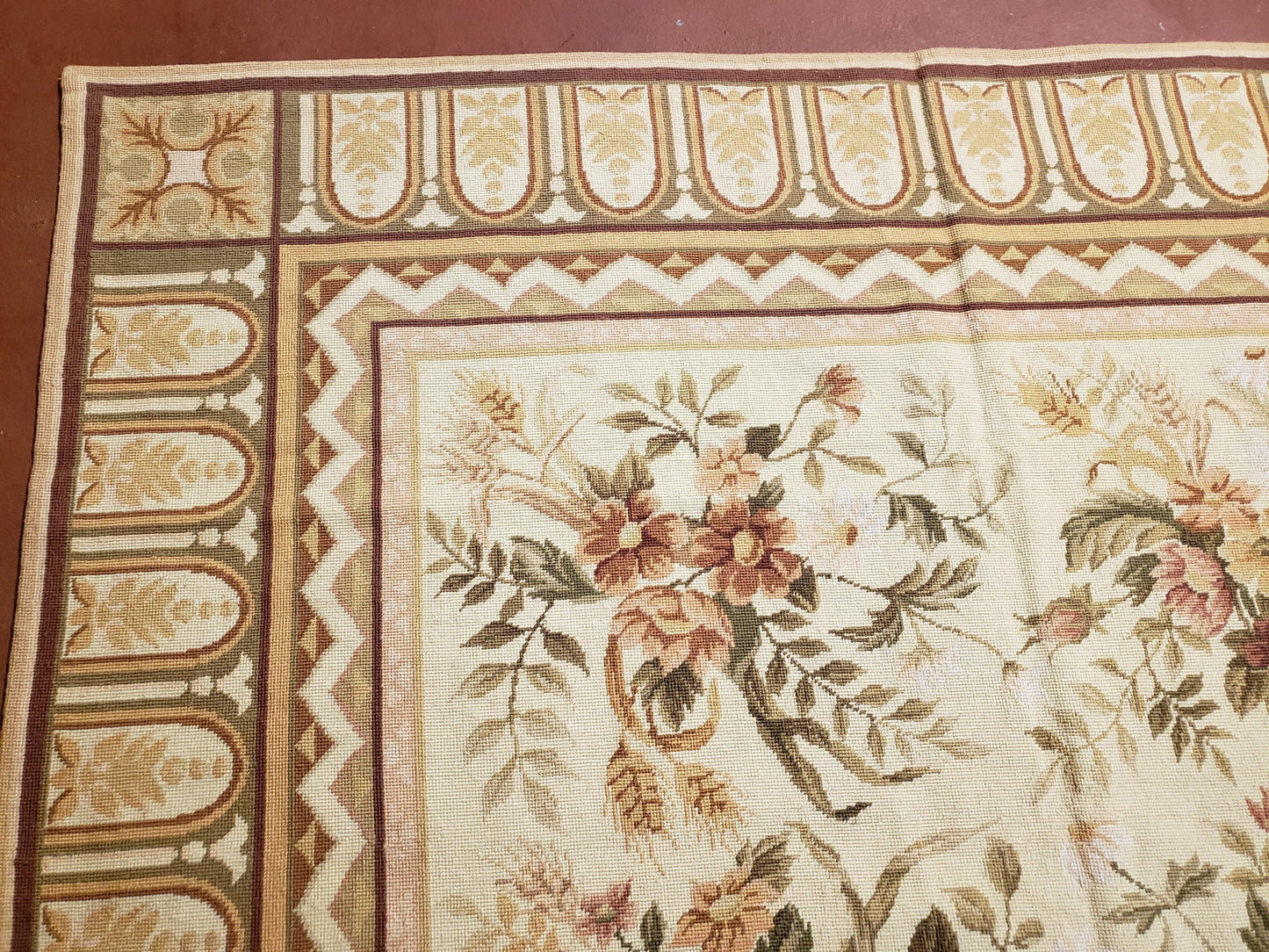 Needlepoint Rug 8x10 Aubusson Rug Victorian Floral Rug Handmade French Style French Decor Garden Panel Beige 8 x 10 Area Rug 100% Wool