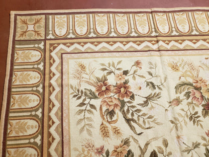 Needlepoint Rug 8x10 Aubusson Rug Victorian Floral Rug Handmade French Style French Decor Garden Panel Beige 8 x 10 Area Rug 100% Wool