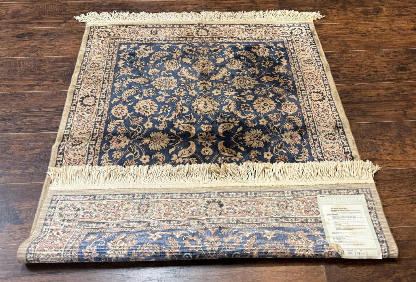 Vintage Art Silk Rug 3x4 Traditional Oriental Persian Design Navy Blue Power Loomed