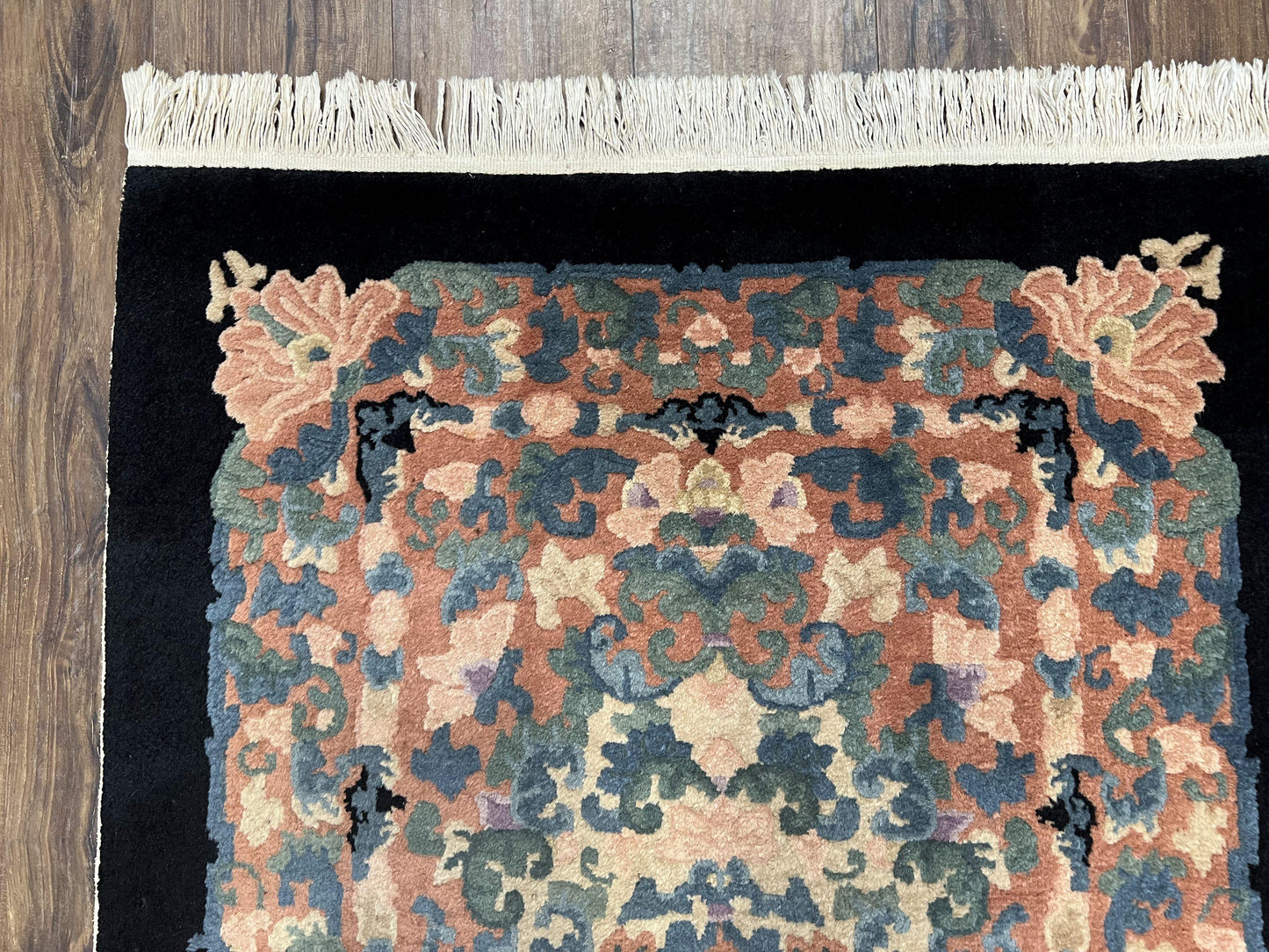 Art Deco Rug Chinese Handmade Wool 3x5 Vintage Floral Black Beige Carpet