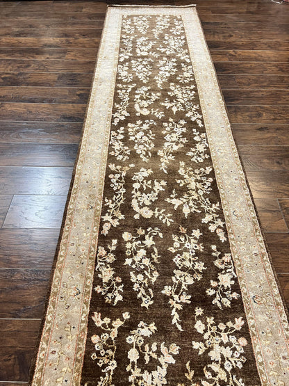 Peshawar Runner Rug 3 x 20, Wool Hand Knotted Vintage Pakistani Carpet, Brown & Taupe, Chobi Mahal Floral Rug, Extra Long Hallway Runner